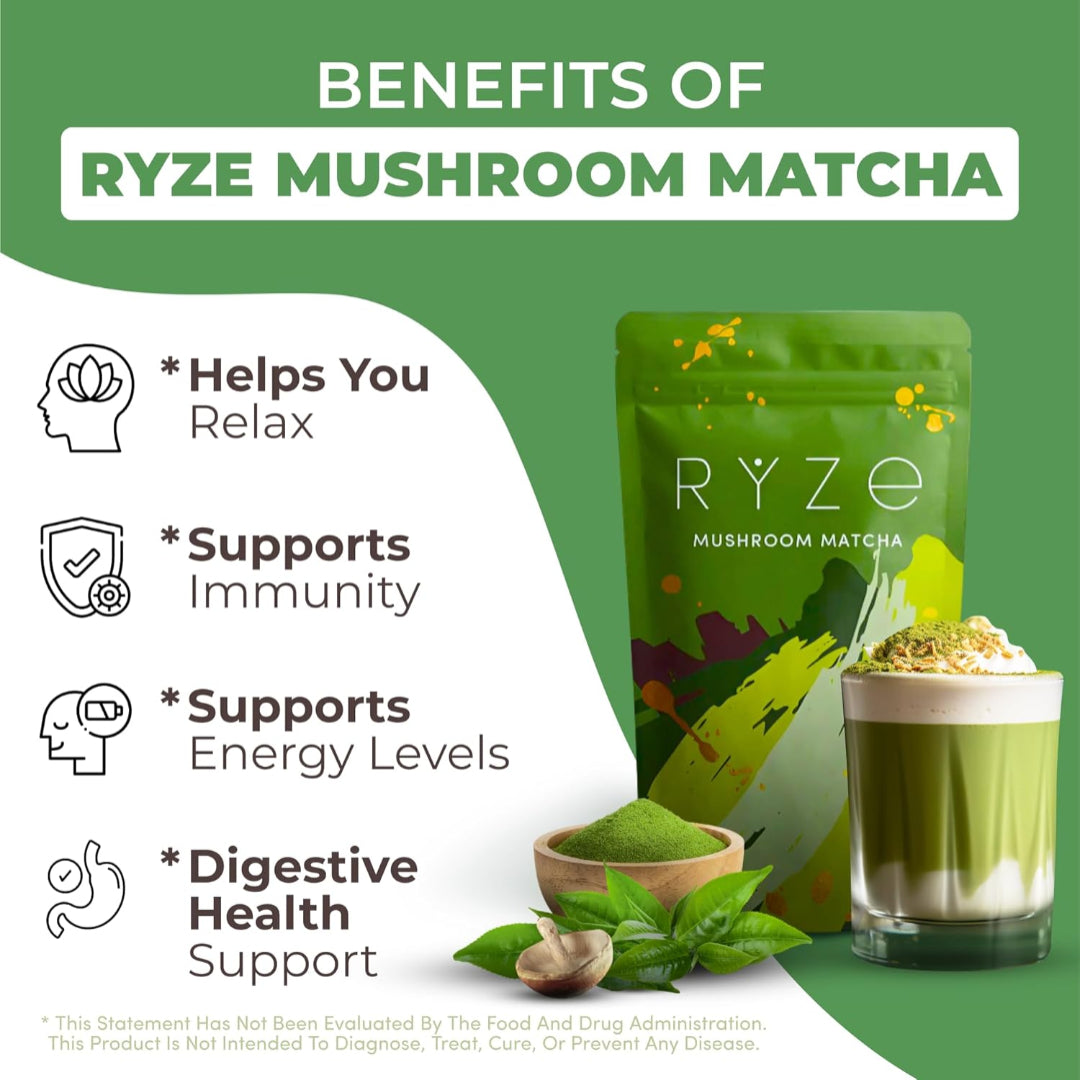 RYZE Organic Mushroom Matcha Adaptogenic Green Tea 30 Servings USA