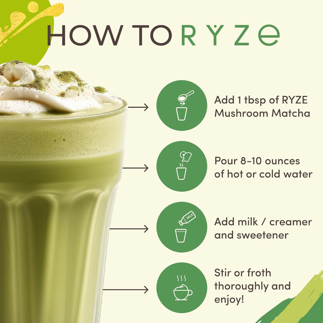 RYZE Organic Mushroom Matcha Adaptogenic Green Tea 30 Servings USA