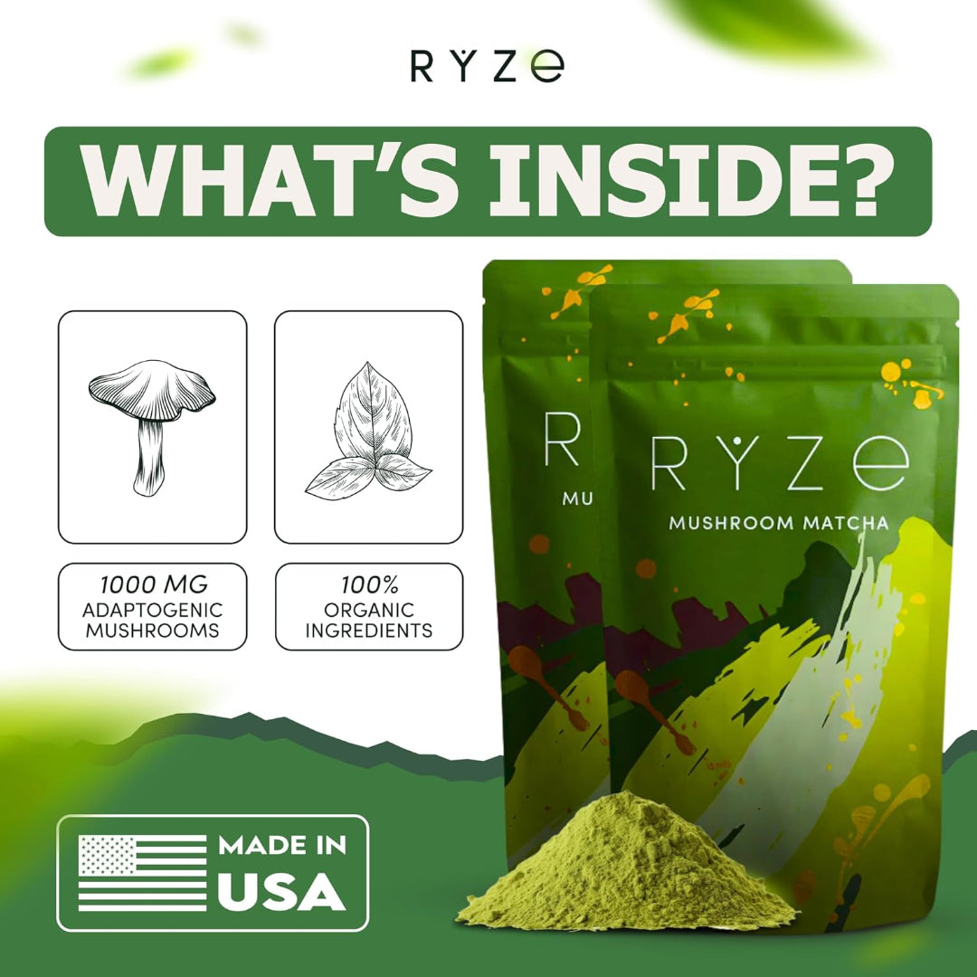 RYZE Organic Mushroom Matcha Adaptogenic Green Tea 30 Servings USA