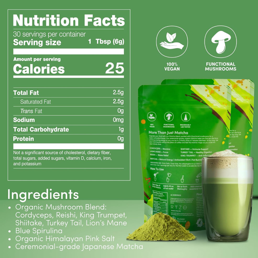 RYZE Organic Mushroom Matcha Adaptogenic Green Tea 30 Servings USA
