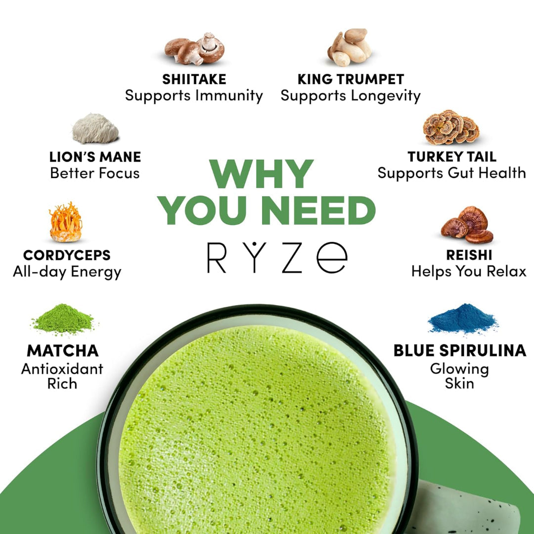 RYZE Organic Mushroom Matcha Adaptogenic Green Tea 30 Servings USA