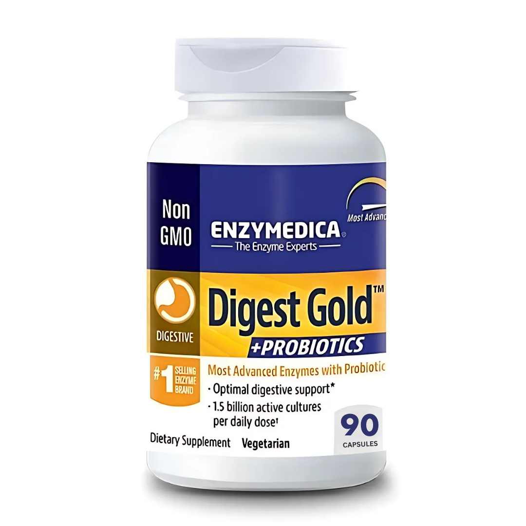 Enzymedica Digest Gold + Probiotics supplement bottle on a white background