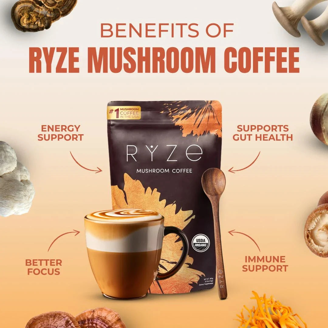 RYZE Organic Mushroom Coffee – USDA Organic Adaptogenic Coffee with 6 Mushrooms & MCT Oil | Energy & Focus USA