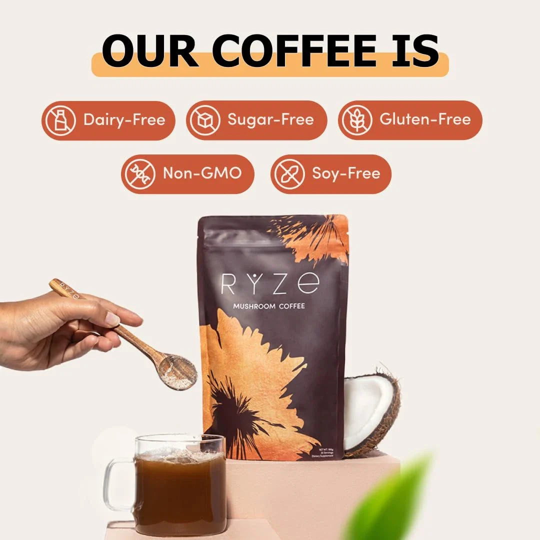 RYZE Organic Mushroom Coffee – USDA Organic Adaptogenic Coffee with 6 Mushrooms & MCT Oil | Energy & Focus USA