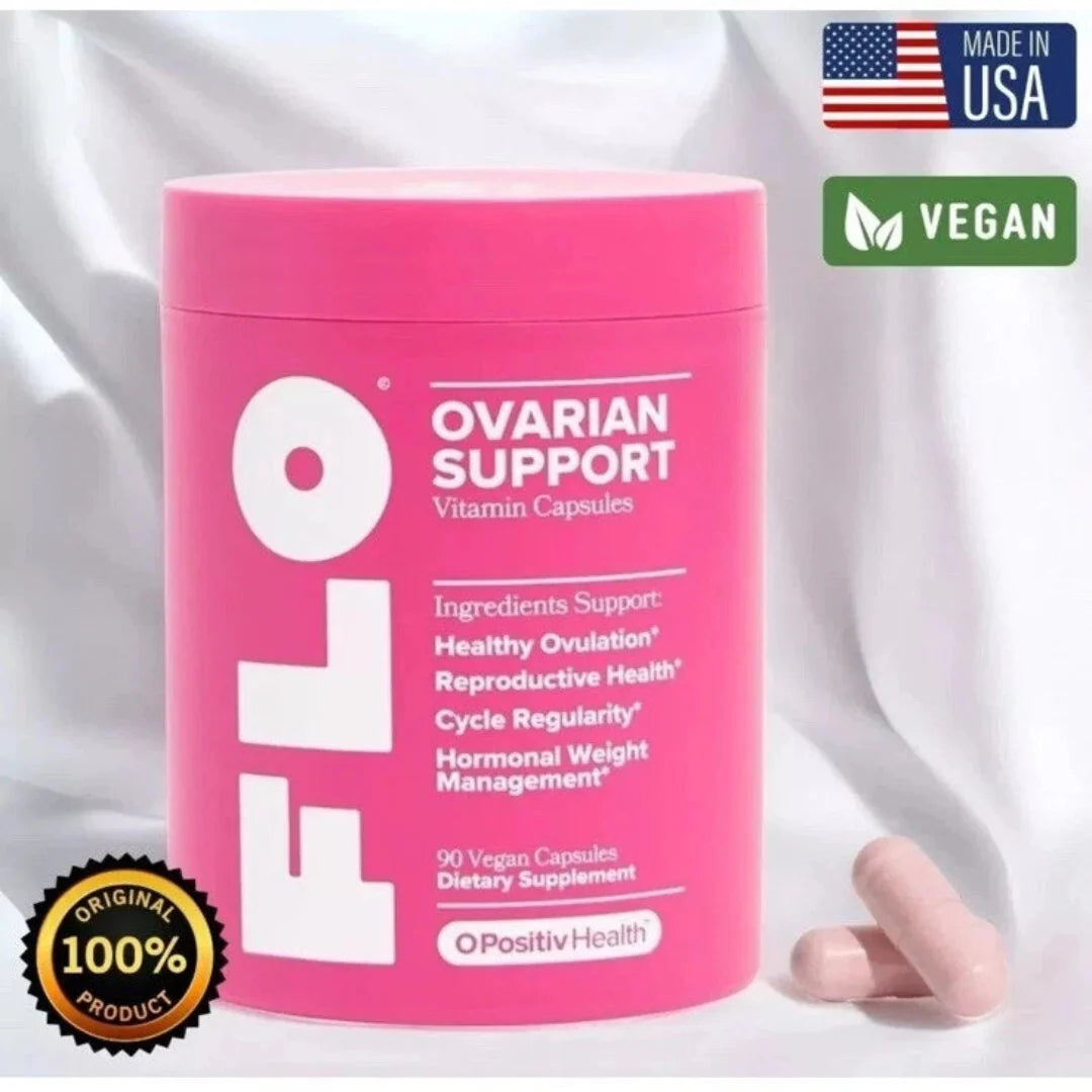 Pink supplement container labeled 'FLO Ovarian Support' with branding and certification logos on a white background.