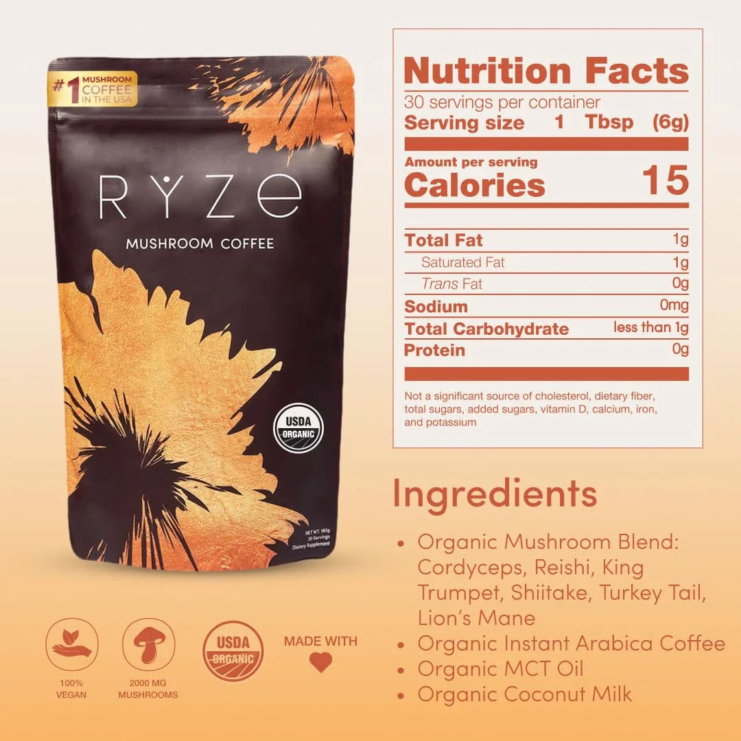 RYZE Organic Mushroom Coffee – USDA Organic Adaptogenic Coffee with 6 Mushrooms & MCT Oil | Energy & Focus USA